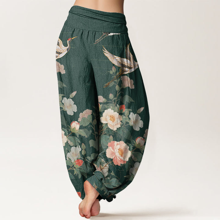 Pantalones harén con cintura elástica para mujer, con estampado de peonías y grullas informales de Buddha Stones - image 7