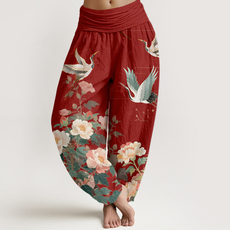 Pantalones harén con cintura elástica para mujer, con estampado de peonías y grullas informales de Buddha Stones - Ladrillo refractario - US22，UK/AU26，EU54 (6XL) - image 8