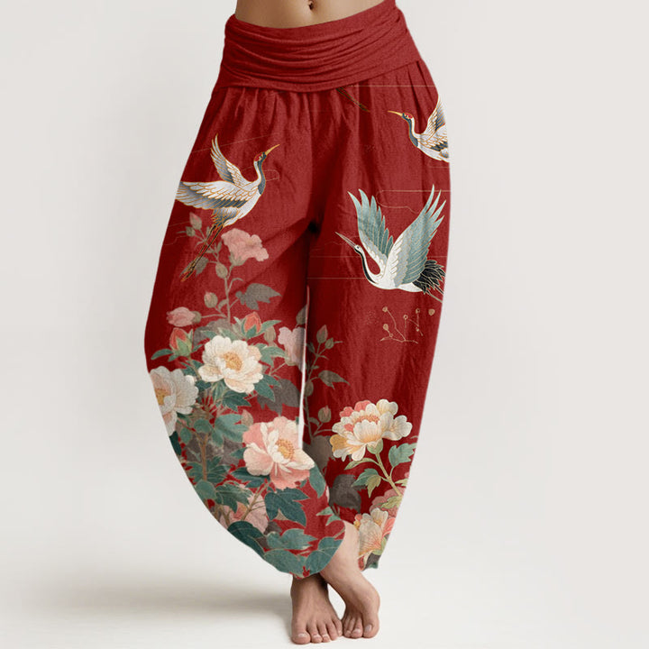 Pantalones harén con cintura elástica para mujer, con estampado de peonías y grullas informales de Buddha Stones - Ladrillo refractario - US22，UK/AU26，EU54 (6XL) - image 8