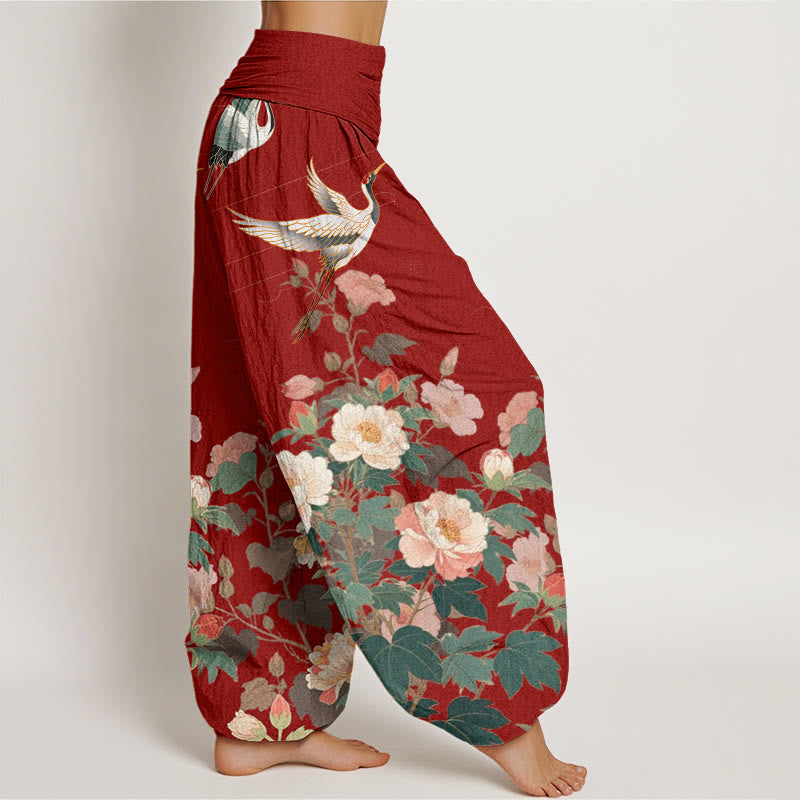 Pantalones harén con cintura elástica para mujer, con estampado de peonías y grullas informales de Buddha Stones - image 9