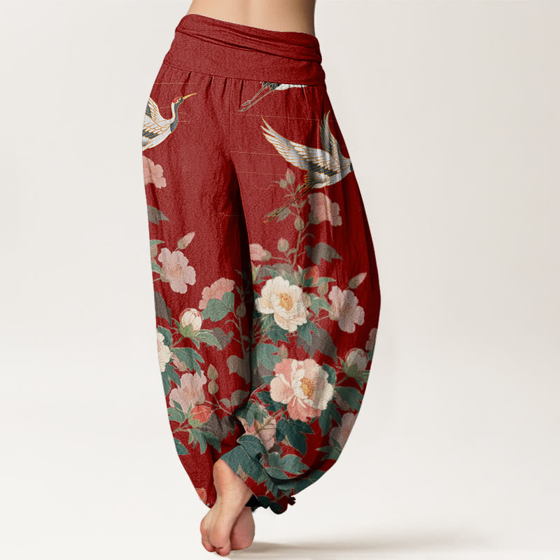 Pantalones harén con cintura elástica para mujer, con estampado de peonías y grullas informales de Buddha Stones - image 10