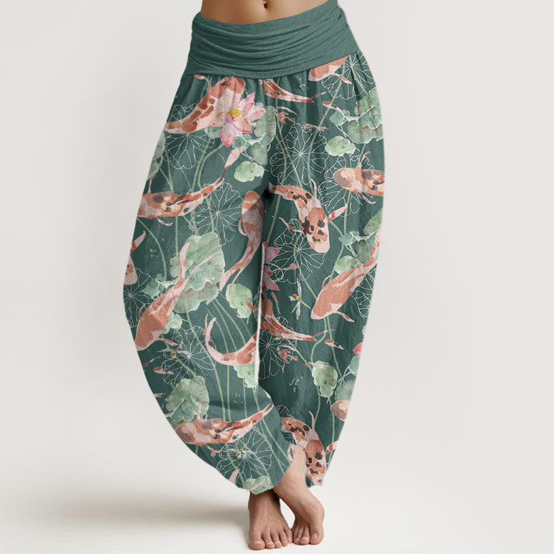 Pantalones Buddha Stones informales con estampado de loto y peces koi para mujer, con cintura elástica - Cadete Azul - US22，UK/AU26，EU54 (6XL) - image 1
