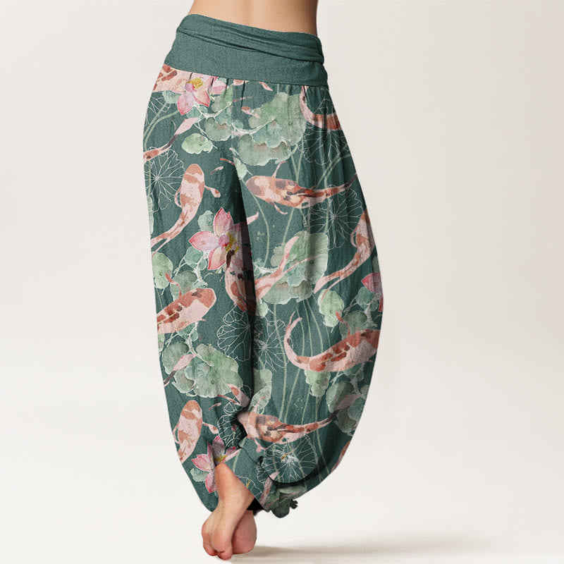 Pantalones Buddha Stones informales con estampado de loto y peces koi para mujer, con cintura elástica - image 3