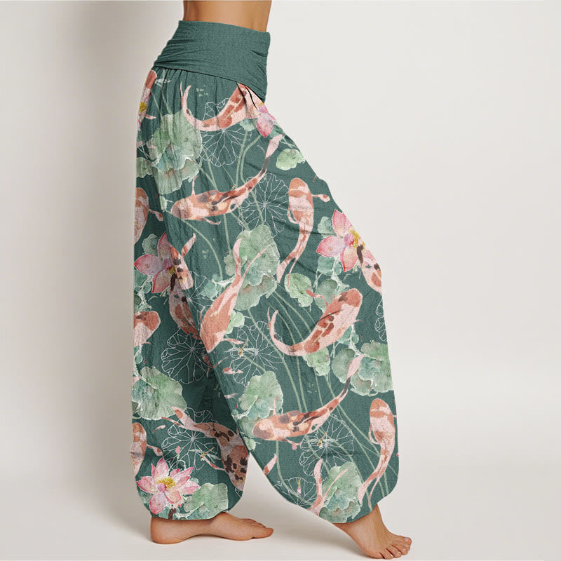Pantalones Buddha Stones informales con estampado de loto y peces koi para mujer, con cintura elástica - image 2