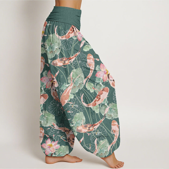 Pantalones Buddha Stones informales con estampado de loto y peces koi para mujer, con cintura elástica - image 2