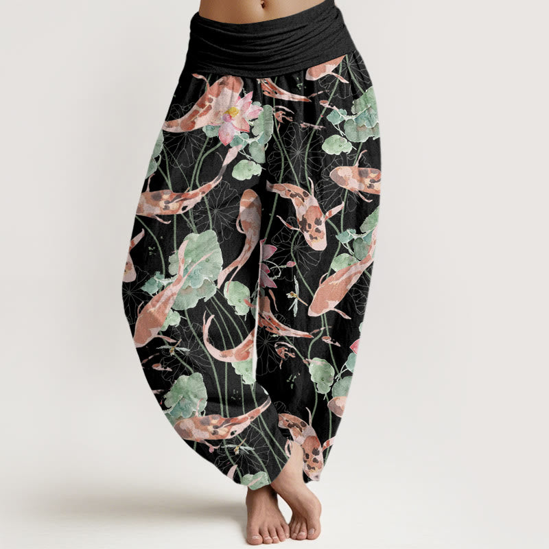 Pantalones Buddha Stones informales con estampado de loto y peces koi para mujer, con cintura elástica - Negro - US22，UK/AU26，EU54 (6XL) - image 5