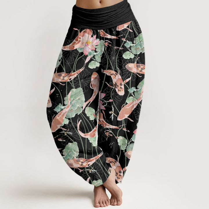 Pantalones Buddha Stones informales con estampado de loto y peces koi para mujer, con cintura elástica - Negro - US22，UK/AU26，EU54 (6XL) - image 5