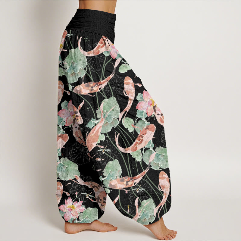 Pantalones Buddha Stones informales con estampado de loto y peces koi para mujer, con cintura elástica - image 6