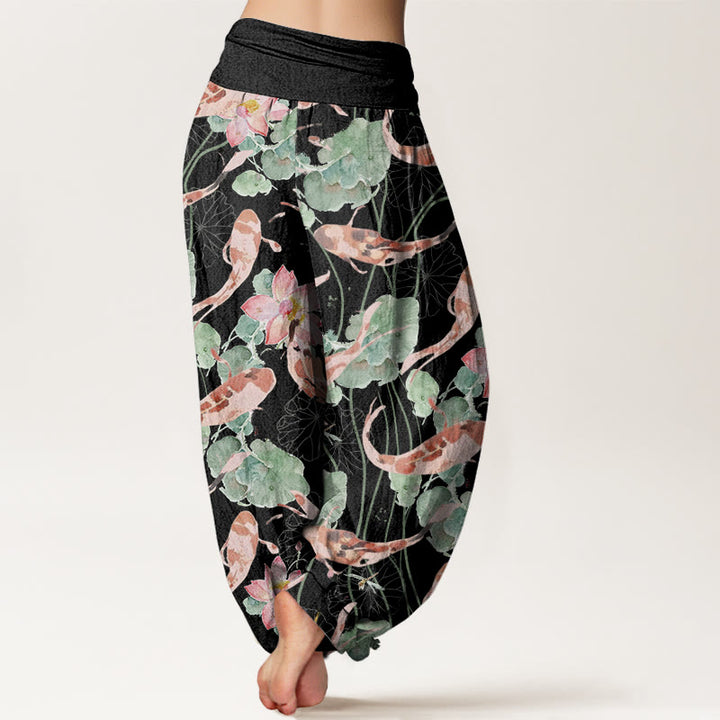 Pantalones Buddha Stones informales con estampado de loto y peces koi para mujer, con cintura elástica - image 7