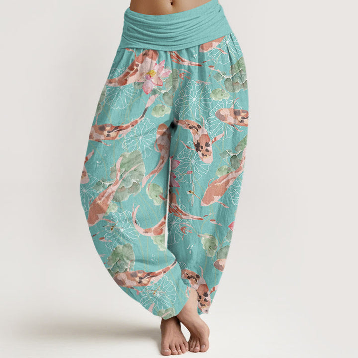 Pantalones Buddha Stones informales con estampado de loto y peces koi para mujer, con cintura elástica - Turquesa medio - US22，UK/AU26，EU54 (6XL) - image 8