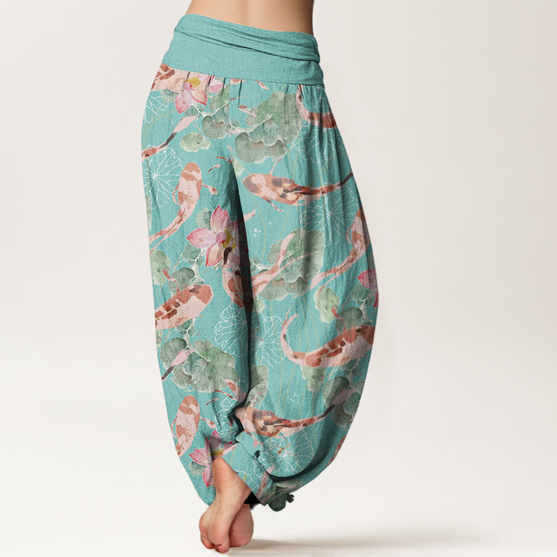 Pantalones Buddha Stones informales con estampado de loto y peces koi para mujer, con cintura elástica - image 10