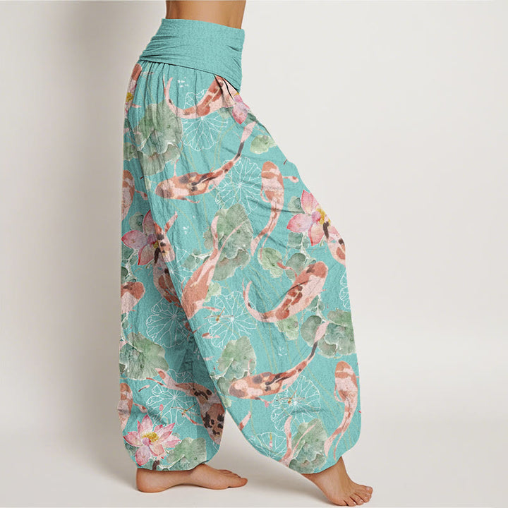 Pantalones Buddha Stones informales con estampado de loto y peces koi para mujer, con cintura elástica - image 9