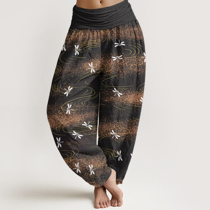 Pantalones harén con cintura elástica para mujer, con estampado de ondas de libélula y Buddha Stones - Negro - US22，UK/AU26，EU54 (6XL) - image 1