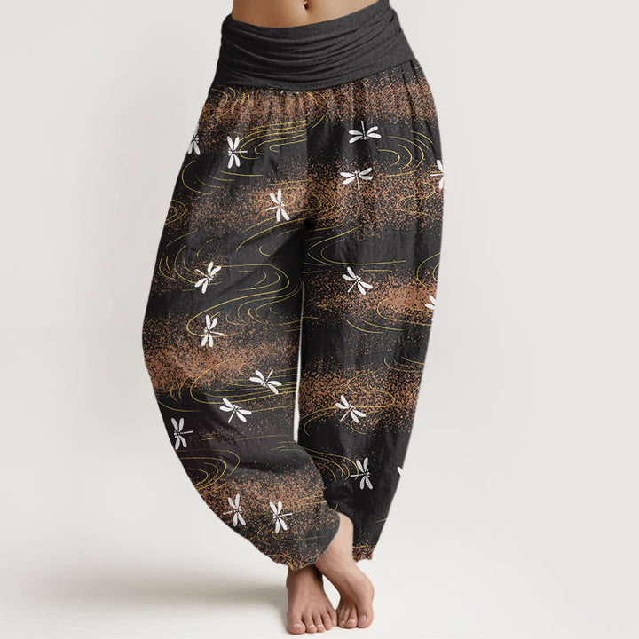 Pantalones harén con cintura elástica para mujer, con estampado de ondas de libélula y Buddha Stones - Negro - US22，UK/AU26，EU54 (6XL) - image 1