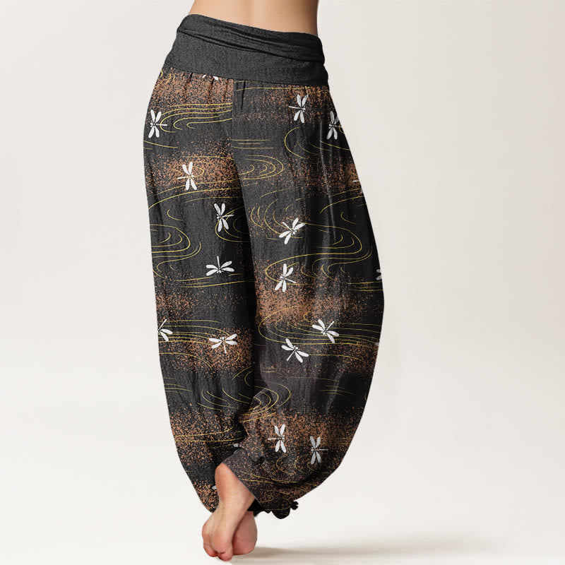 Pantalones harén con cintura elástica para mujer, con estampado de ondas de libélula y Buddha Stones - image 3