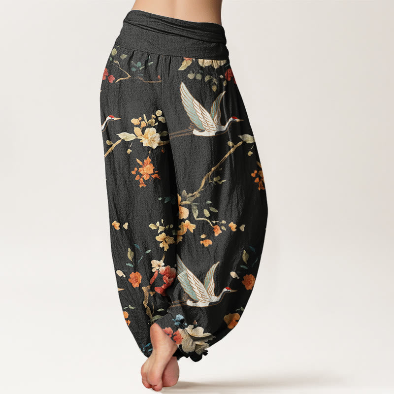 Pantalones harén con cintura elástica para mujer, con estampado de grullas y flores de Buddha Stones - image 3
