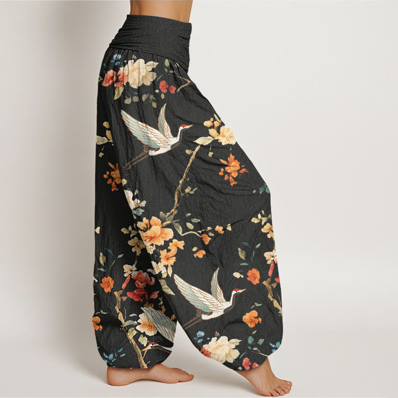 Pantalones harén con cintura elástica para mujer, con estampado de grullas y flores de Buddha Stones - image 2