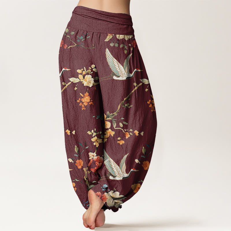 Pantalones harén con cintura elástica para mujer, con estampado de grullas y flores de Buddha Stones - image 7