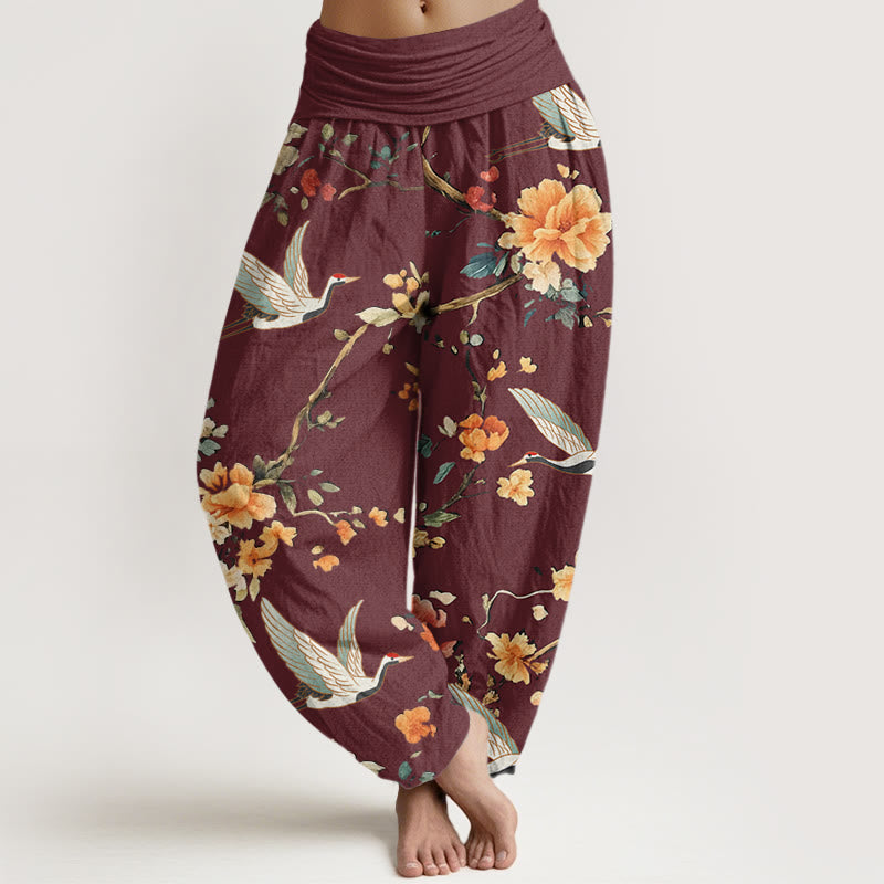 Pantalones harén con cintura elástica para mujer, con estampado de grullas y flores de Buddha Stones - Rojo oscuro - US22，UK/AU26，EU54 (6XL) - image 5