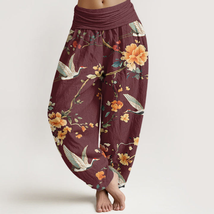 Pantalones harén con cintura elástica para mujer, con estampado de grullas y flores de Buddha Stones - Rojo oscuro - US22，UK/AU26，EU54 (6XL) - image 5