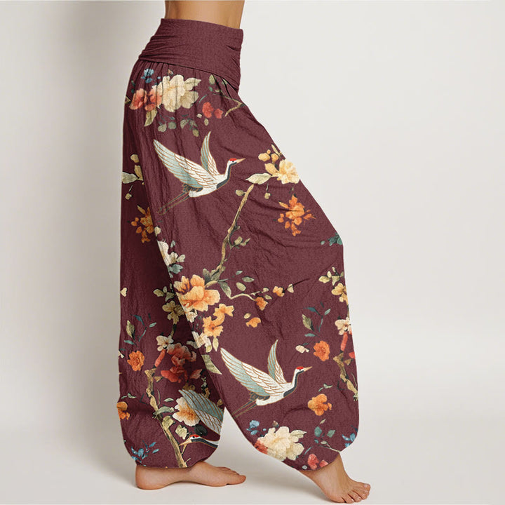 Pantalones harén con cintura elástica para mujer, con estampado de grullas y flores de Buddha Stones - image 6
