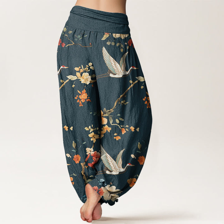 Pantalones harén con cintura elástica para mujer, con estampado de grullas y flores de Buddha Stones - image 10