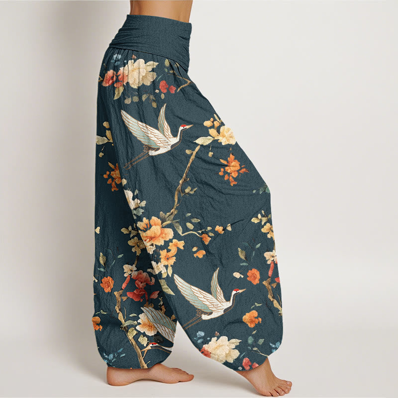 Pantalones harén con cintura elástica para mujer, con estampado de grullas y flores de Buddha Stones - image 9