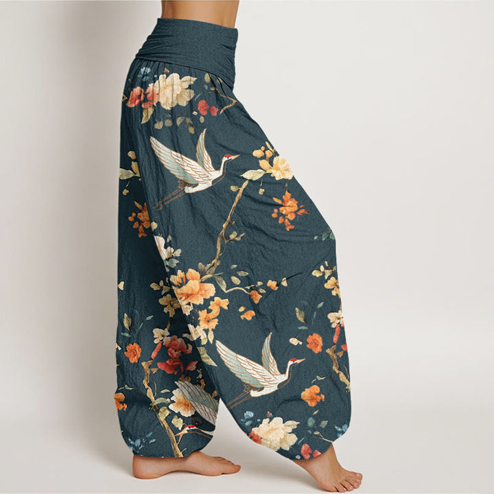 Pantalones harén con cintura elástica para mujer, con estampado de grullas y flores de Buddha Stones - image 9