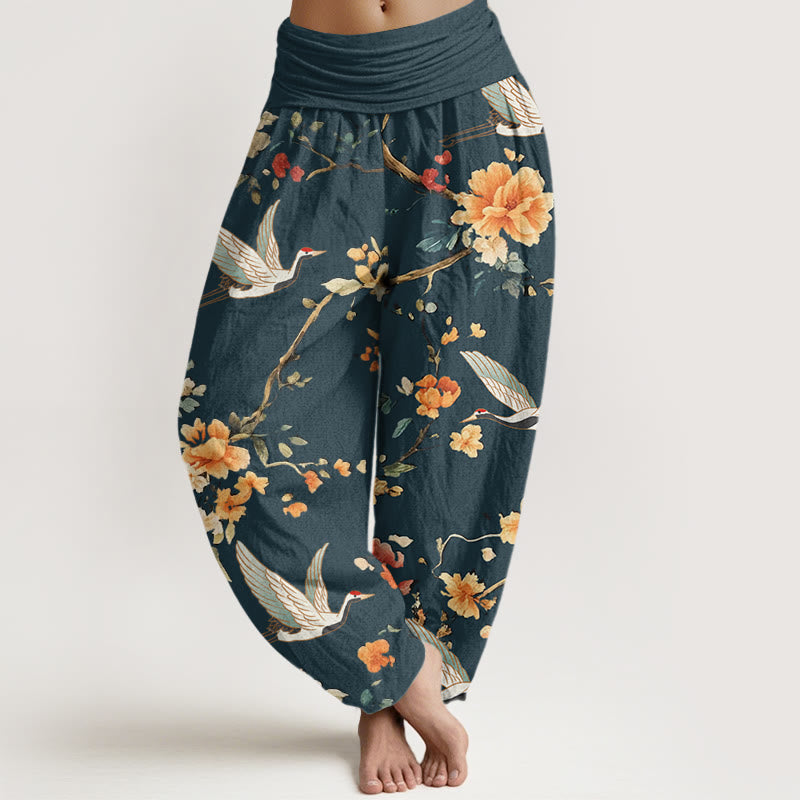Pantalones harén con cintura elástica para mujer, con estampado de grullas y flores de Buddha Stones - Verde azulado - US22，UK/AU26，EU54 (6XL) - image 8