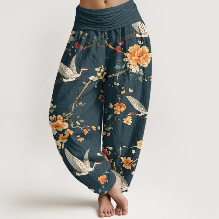 Pantalones harén con cintura elástica para mujer, con estampado de grullas y flores de Buddha Stones - Verde azulado - US22，UK/AU26，EU54 (6XL) - image 8