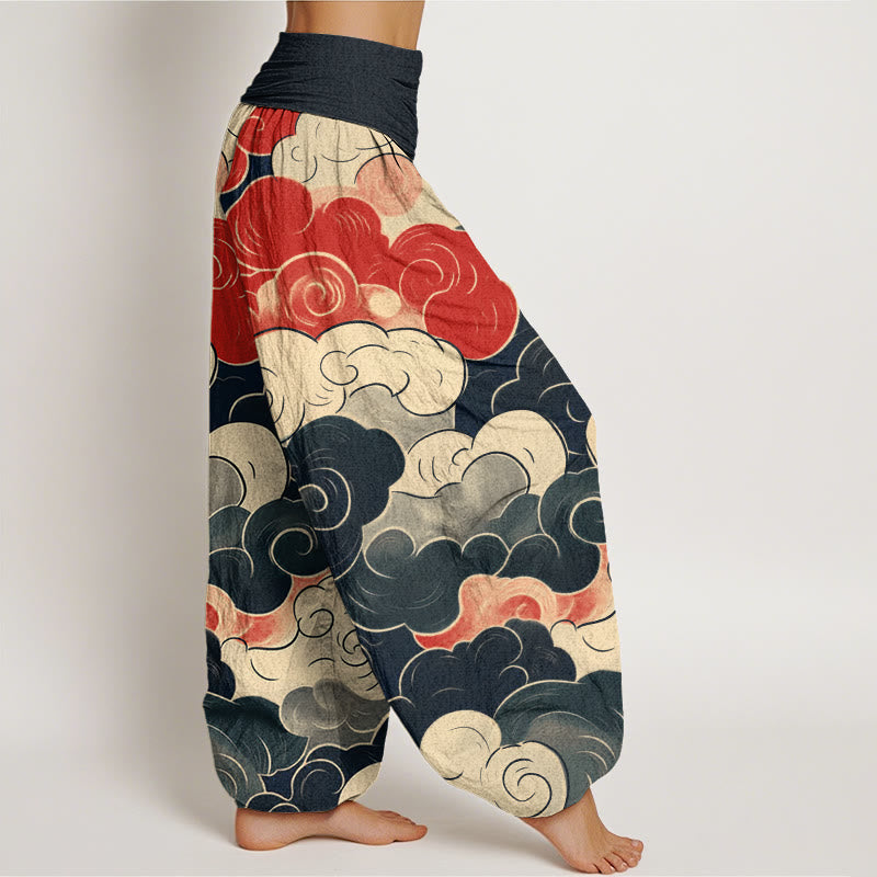 Pantalones harén de cintura elástica para mujer con diseño de nubes auspiciosas y Buddha Stones - image 1