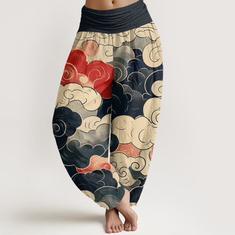 Pantalones harén de cintura elástica para mujer con diseño de nubes auspiciosas y Buddha Stones - Gris pizarra oscuro - US22，UK/AU26，EU54 (6XL) - image 0