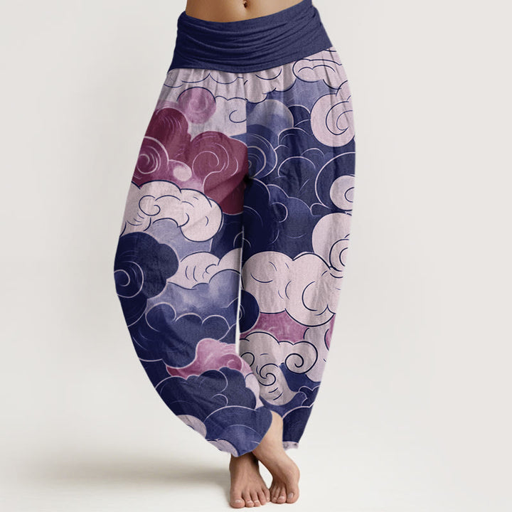 Pantalones harén de cintura elástica para mujer con diseño de nubes auspiciosas y Buddha Stones - Azul pizarra oscuro - US22，UK/AU26，EU54 (6XL) - image 5