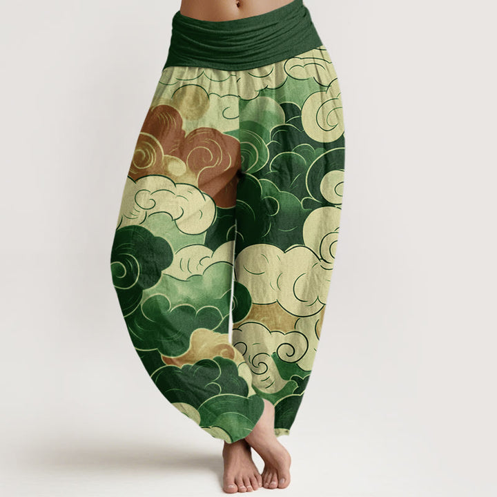 Pantalones harén de cintura elástica para mujer con diseño de nubes auspiciosas y Buddha Stones - Verde - US22，UK/AU26，EU54 (6XL) - image 8