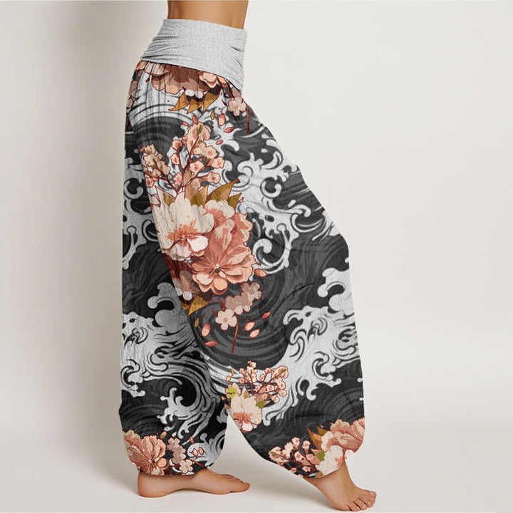 Pantalones harén con cintura elástica para mujer, con estampado floral y ondas informales de Buddha Stones - image 1