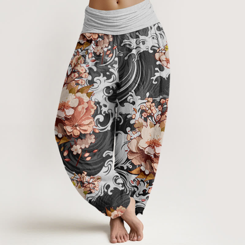 Pantalones harén con cintura elástica para mujer, con estampado floral y ondas informales de Buddha Stones - Gris oscuro - US22，UK/AU26，EU54 (6XL) - image 1