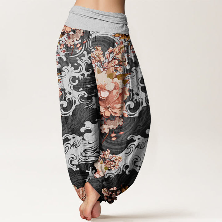 Pantalones bombachos de mujer con cintura elástica, estampado casual de ondas y flores de algodón con Buddha Stones - image 2