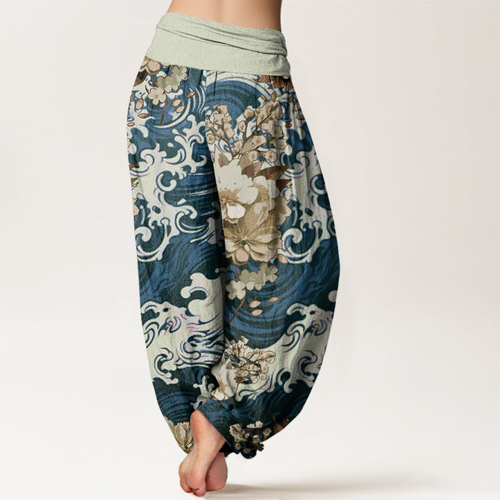 Pantalones harén con cintura elástica para mujer, con estampado floral y ondas informales de Buddha Stones - image 7