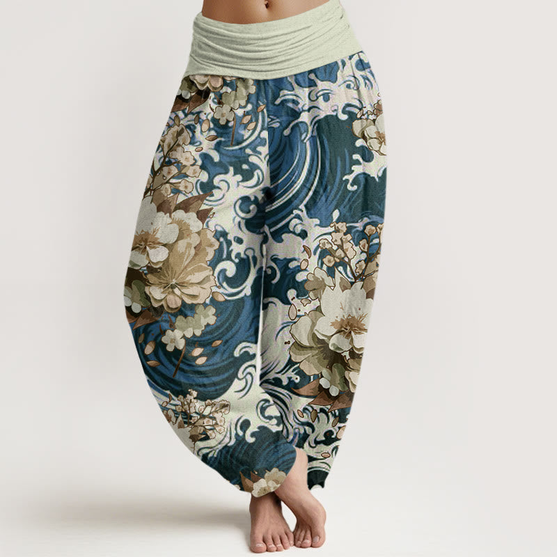 Pantalones harén con cintura elástica para mujer, con estampado floral y ondas informales de Buddha Stones - Azul acero - US22，UK/AU26，EU54 (6XL) - image 5