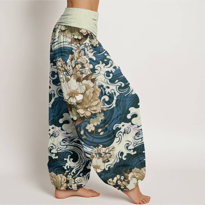 Pantalones bombachos de mujer con cintura elástica, estampado casual de ondas y flores de algodón con Buddha Stones - image 5
