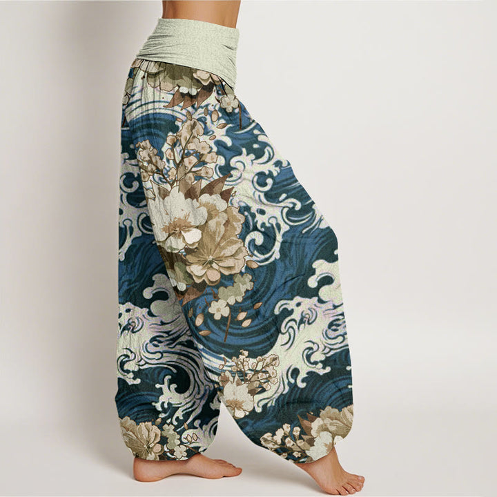 Pantalones bombachos de mujer con cintura elástica, estampado casual de ondas y flores de algodón con Buddha Stones - image 5