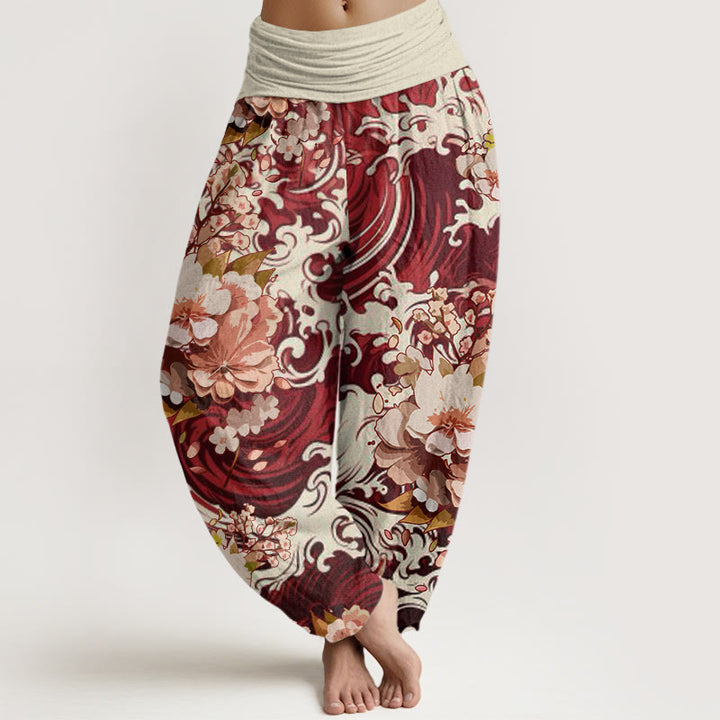Pantalones harén con cintura elástica para mujer, con estampado floral y ondas informales de Buddha Stones - Marrón - US22，UK/AU26，EU54 (6XL) - image 7