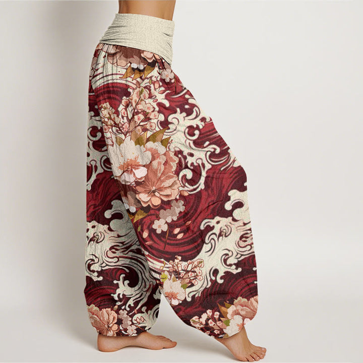 Pantalones harén con cintura elástica para mujer, con estampado floral y ondas informales de Buddha Stones - image 8