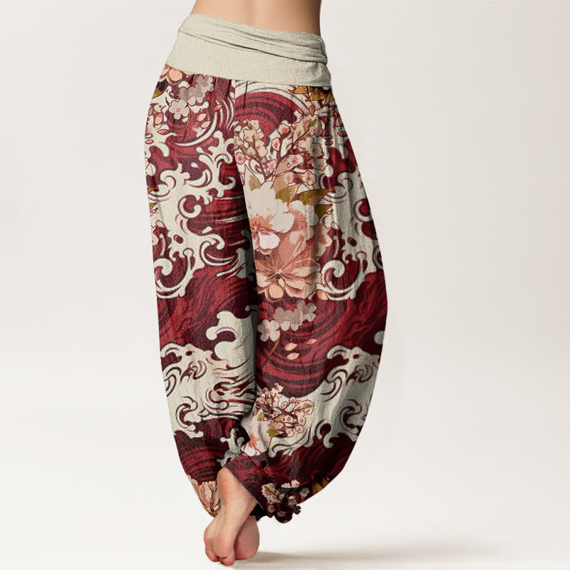 Pantalones bombachos de mujer con cintura elástica, estampado casual de ondas y flores de algodón con Buddha Stones - image 9
