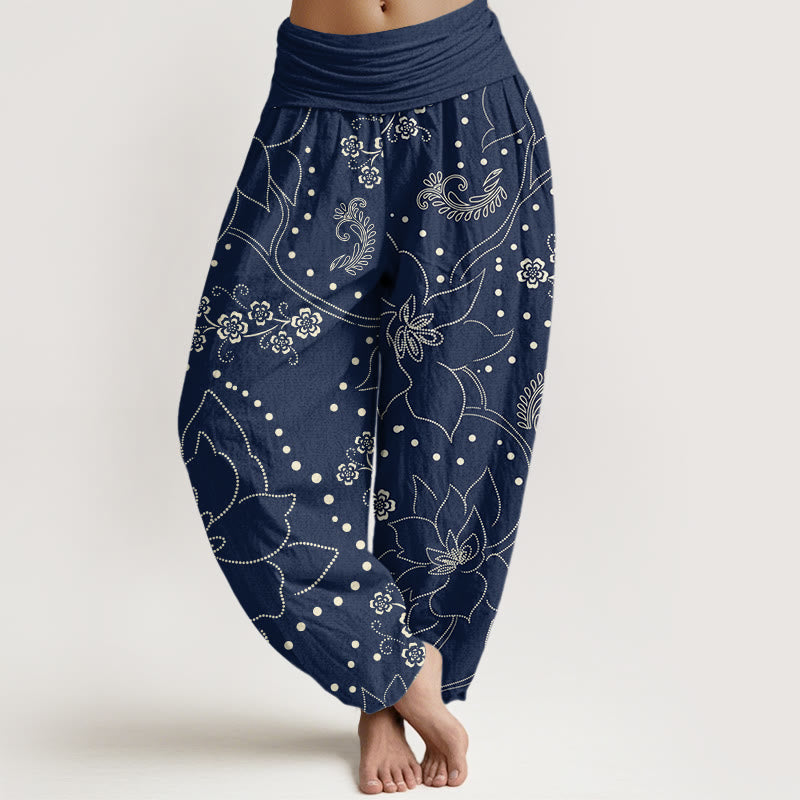 Pantalones harén informales con estampado de hojas y flores grandes de Buddha Stones para mujer, cintura elástica - Marina de guerra - US22，UK/AU26，EU54 (6XL) - image 1