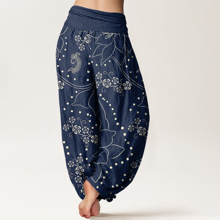 Pantalones harén informales con estampado de hojas y flores grandes de Buddha Stones para mujer, cintura elástica - image 3