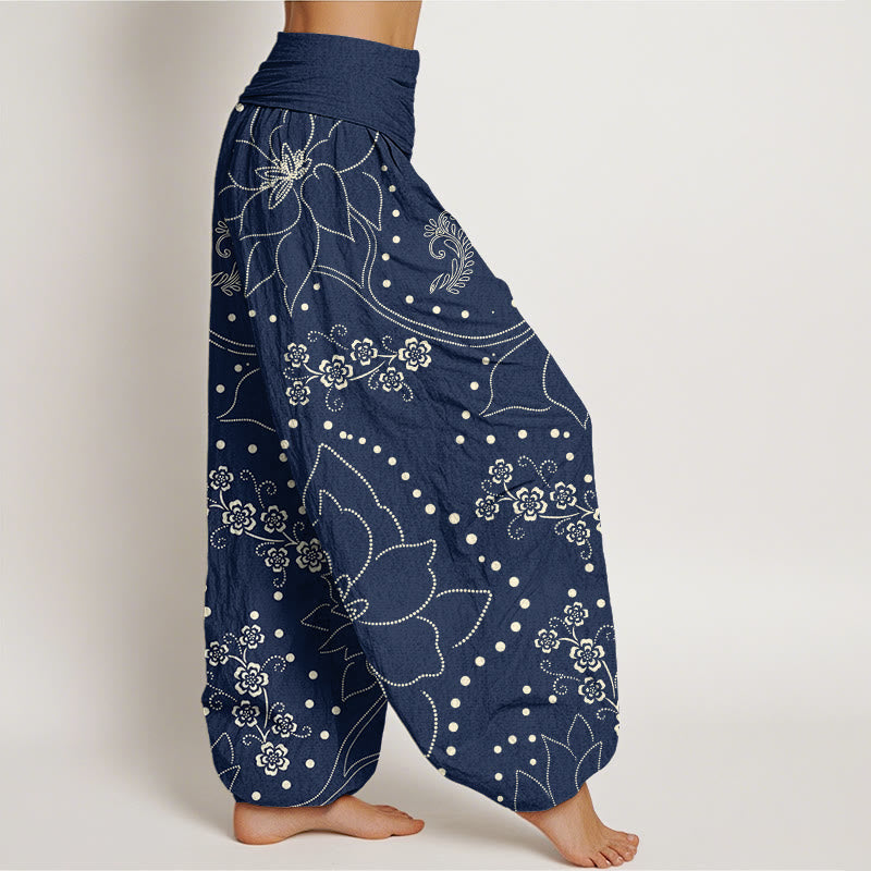 Pantalones harén informales con estampado de hojas y flores grandes de Buddha Stones para mujer, cintura elástica - image 2