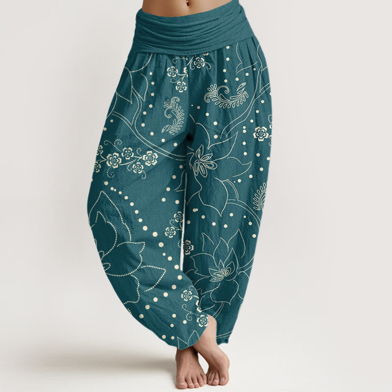 Pantalones harén informales con estampado de hojas y flores grandes de Buddha Stones para mujer, cintura elástica - Verde azulado - US22，UK/AU26，EU54 (6XL) - image 5