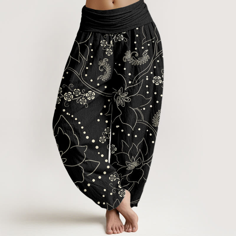 Pantalones harén informales con estampado de hojas y flores grandes de Buddha Stones para mujer, cintura elástica - Negro - US22，UK/AU26，EU54 (6XL) - image 8