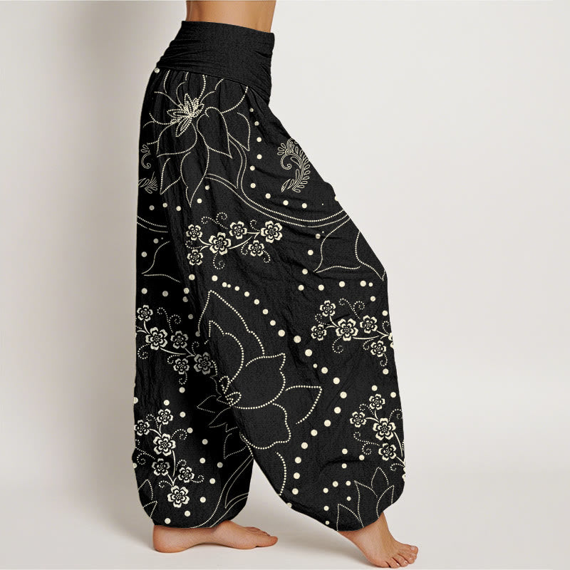 Pantalones harén informales con estampado de hojas y flores grandes de Buddha Stones para mujer, cintura elástica - image 9